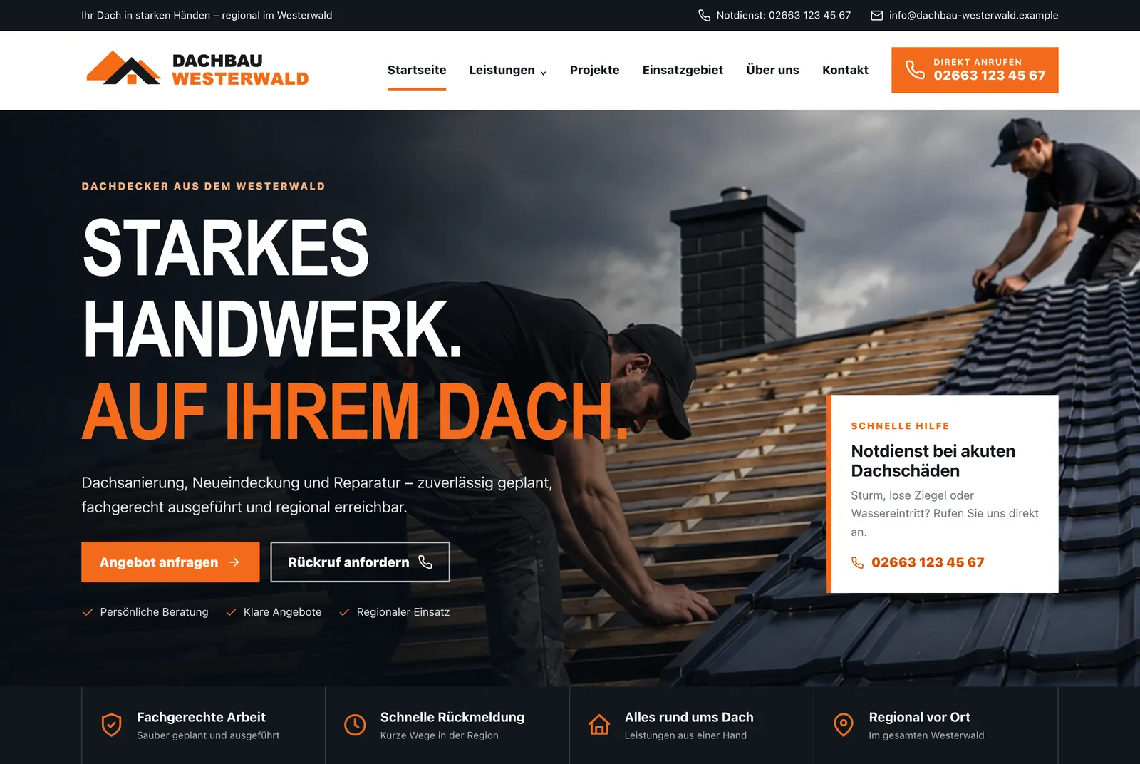 Designkonzept für einen Dachdecker: große Projektaufnahme, Leistungsübersicht und gut sichtbare Kontaktmöglichkeiten